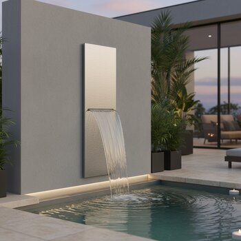 Hovuz divarı boyunca axan nazik su şəlaləsi paneli