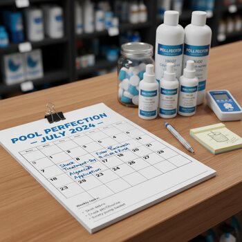 AquaLoop hovuz qulluq təqvimi mağaza kassası yanında çap olunmuş vərəqdə