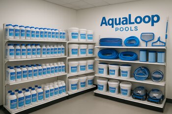 AquaLoop Pools mağazasında hovuz kimyası və avadanlığı ilə dolu rəflər