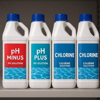 Hovuz üçün pH və xlor məhlulları sıra ilə düzülmüş şüşələrdə