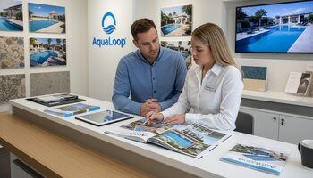 AquaLoop məsləhətçisi kassada kataloq vasitəsilə müştəriyə hovuz dəsti seçməyə kömək edir