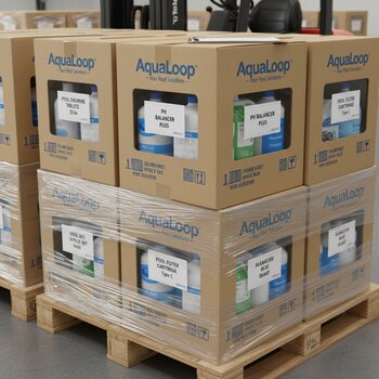 AquaLoop qutuları üzərində hovuz kimyası və avadanlıq etiketləri