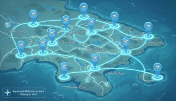 Xəritə üzərində AquaLoop çatdırılma marşrutlarını göstərən markerlər