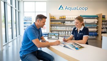 Müştəri hovuz kataloquna baxıb AquaLoop məsləhətçisinə sual verir