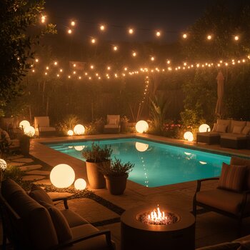 Hovuz ətrafında bağ lampaları və qarmaqarışıq işıq zolaqları