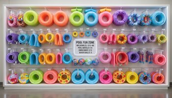 Şişmə oyuncaqlar və hovuz aksessuarları üçün qiymət paneli divarı