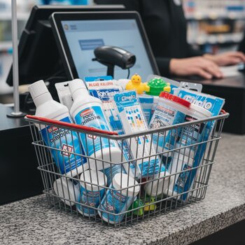 Müştərinin səbətində hovuz kimyası və şişmə oyuncaqlar qarışığı