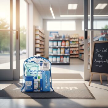 AquaLoop loqolu paket hovuz kənarında çatdırılma üçün hazır vəziyyətdə dayanır