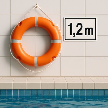 Hovuz kənarında dərinlik nişanı və divardan asılmış xilasetmə dairəsi