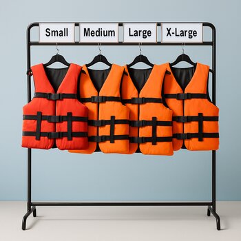 Hovuz üçün müxtəlif ölçüdə xilasetmə jiletləri rəfdə asılıb