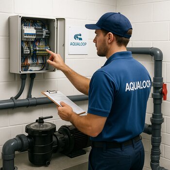 AquaLoop texniki hovuz nasosu yanında quraşdırma panelini yoxlayır