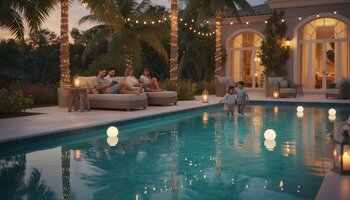 Axşam işıqlandırması ilə ailə hovuzu və hovuz ətrafında istirahət edən insanlar