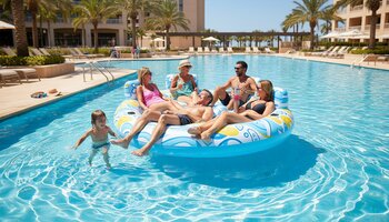 Hovuzda dairəvi ailəvi şişmə ada üzərində istirahət edən insanlar