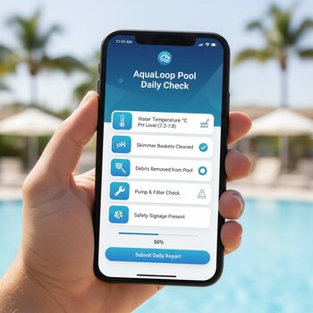 Smartfon ekranında AquaLoop hovuz yoxlama siyahısının rəqəmsal versiyası