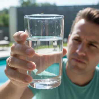 Hovuz suyu şüşə qabda nümunə kimi saxlanılıb və işıqda yoxlanılır