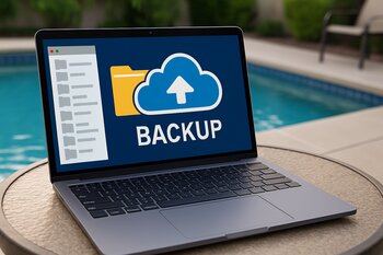 Noutbuk ekranında hovuz foto arxivi və bulud ehtiyat nüsxəsi