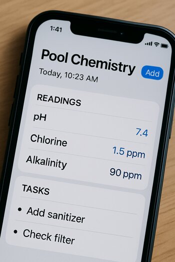Smartfon ekranında hovuz suyu jurnalı və foto qeydlər