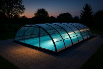 Axşam saatlarında örtük ilə bağlanmış hovuz səthi