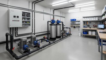 Hovuz avadanlıq otağında nasos, filtr və boru xətləri görünür