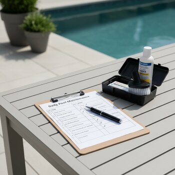 Hovuz üçün gündəlik yoxlama siyahısı masa üzərində qələm ilə birlikdə