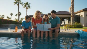 Ailə hovuz kənarında oturub hovuz qulluq qeydlərinə baxır