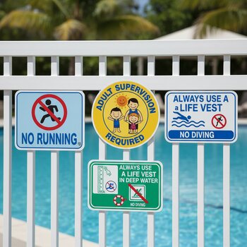 Hovuz məhəccərində uşaq təhlükəsizliyi qaydalarını göstərən lövhə