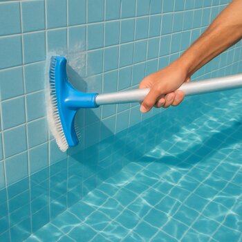 Hovuz mövsüm açılışından əvvəl divarları fırça ilə təmizləyən şəxs