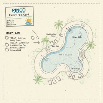 Ailə hovuzu üçün pinco kartı və hovuz plan eskizi