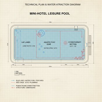 Mini otel hovuzu üçün texniki plan və su attraksion diaqramı