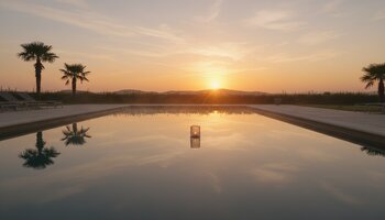 Axşam hovuz işıqlandırması və sakit su səthi