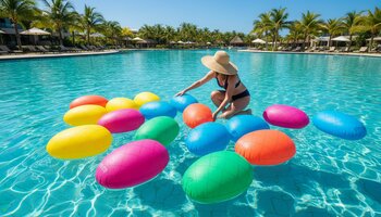 Günorta hovuz səthində pin co şişmə oyuncaqlarının yerləşməsi yoxlanılır