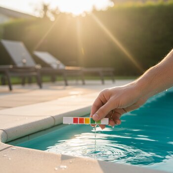 Səhər hovuz kənarında su test zolağını yoxlayan əl