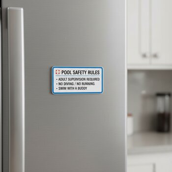 Soyuducu üzərində hovuz qaydalarını xatırladan kiçik maqnit kartı