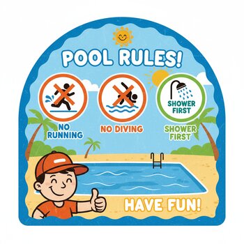 Hovuz qaydaları rəngli ikonlarla yazılmış dekorativ lövhə üzərində