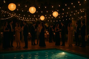 Axşam hovuz ətrafında işıqlandırma və musiqi ilə hovuz məclisi