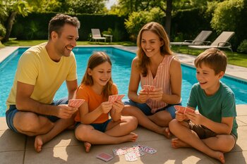 Ailə gündüz hovuz kənarında su oyunları oynayır