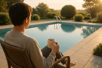 Sakit səhər saatlarında hovuz kənarında fincan qəhvə