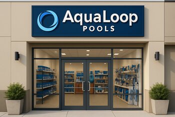 AquaLoop hovuz mağazası girişində rəflər və pinco stendi görünür