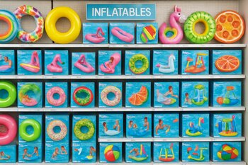 Mağazada pin co şişmə oyuncaqları ilə dolu rəf keçidi