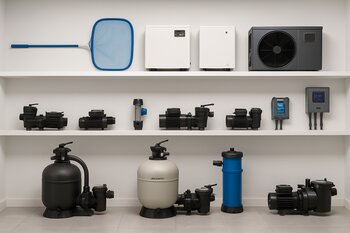 AquaLoop Pools mağazasında hovuz avadanlıqları vitrini