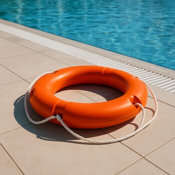 Hovuz kənarında yerləşdirilmiş narıncı xilasetmə dairəsi