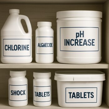 Hovuz kimyəvi məhlullarının rəfdə yaxın plan görüntüsü