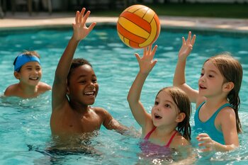 Hovuzda su topu ilə oynayan uşaqlar