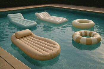 Hovuzda şişmə kreslolar və günəşdən qoruyan çadır