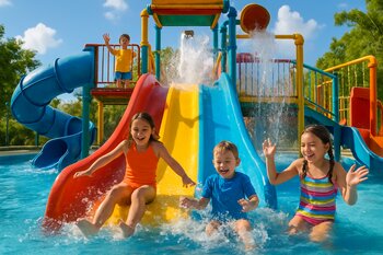 Hovuz kənarında uşaqlar üçün su sürüşməsi və pin co oyuncaqları