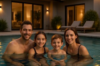 AquaLoop Pools hovuzunda axşam işıqları altında dincələn ailə