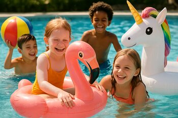 Şişmə hovuz oyuncaqları ilə oynayan uşaqlar