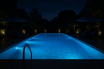 Gecə LED işıqları ilə işıqlanan hovuz kənarı