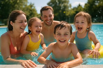 Günorta vaxtı hovuzda oynayan ailə və uşaqlar