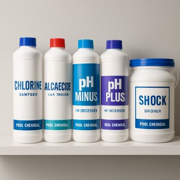 Hovuz kimyəvi məhlulları sıralanmış şəkildə rəfdə